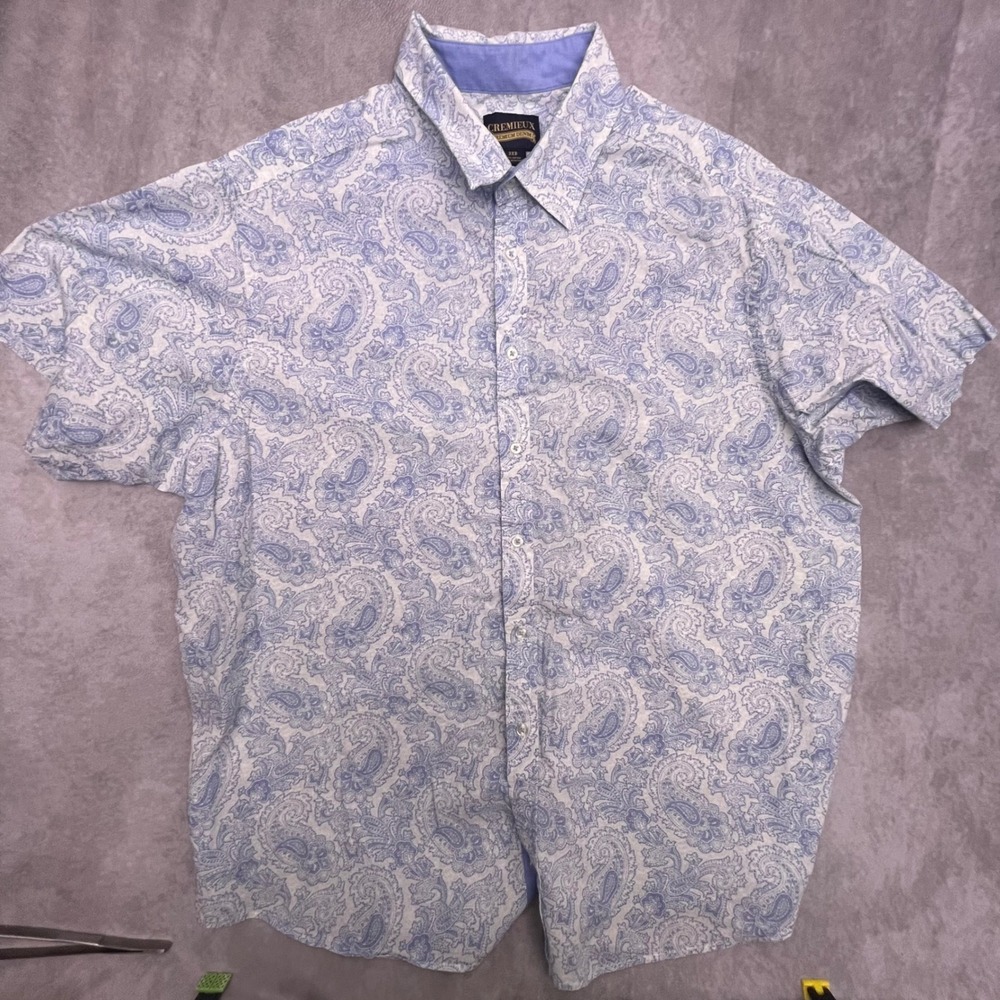 Cremieux Button Down Shirt Mens 2XB Blue Paisley Short Sleeve Excellent Cotton
